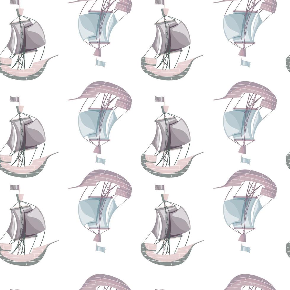 Isolated seamless doodle pattern with simple sailboat ornament. White background. Adventure backdrop. vector