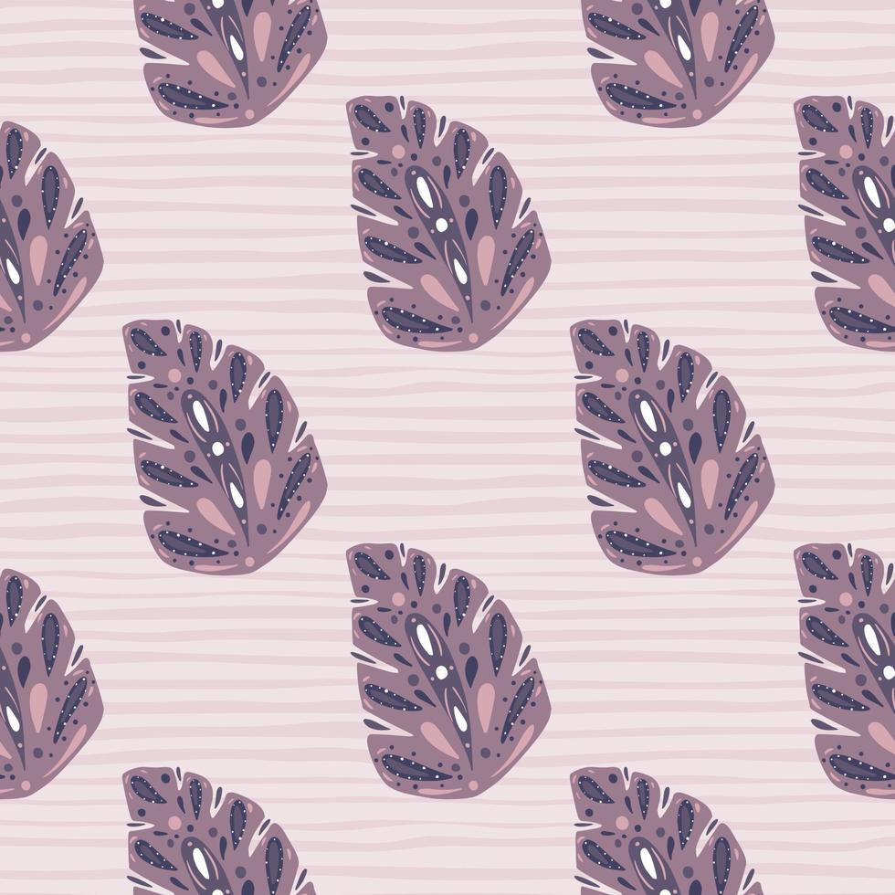 Decorative seamless pattern with purple folk monstera leaf ornament. Striped pale background. vector