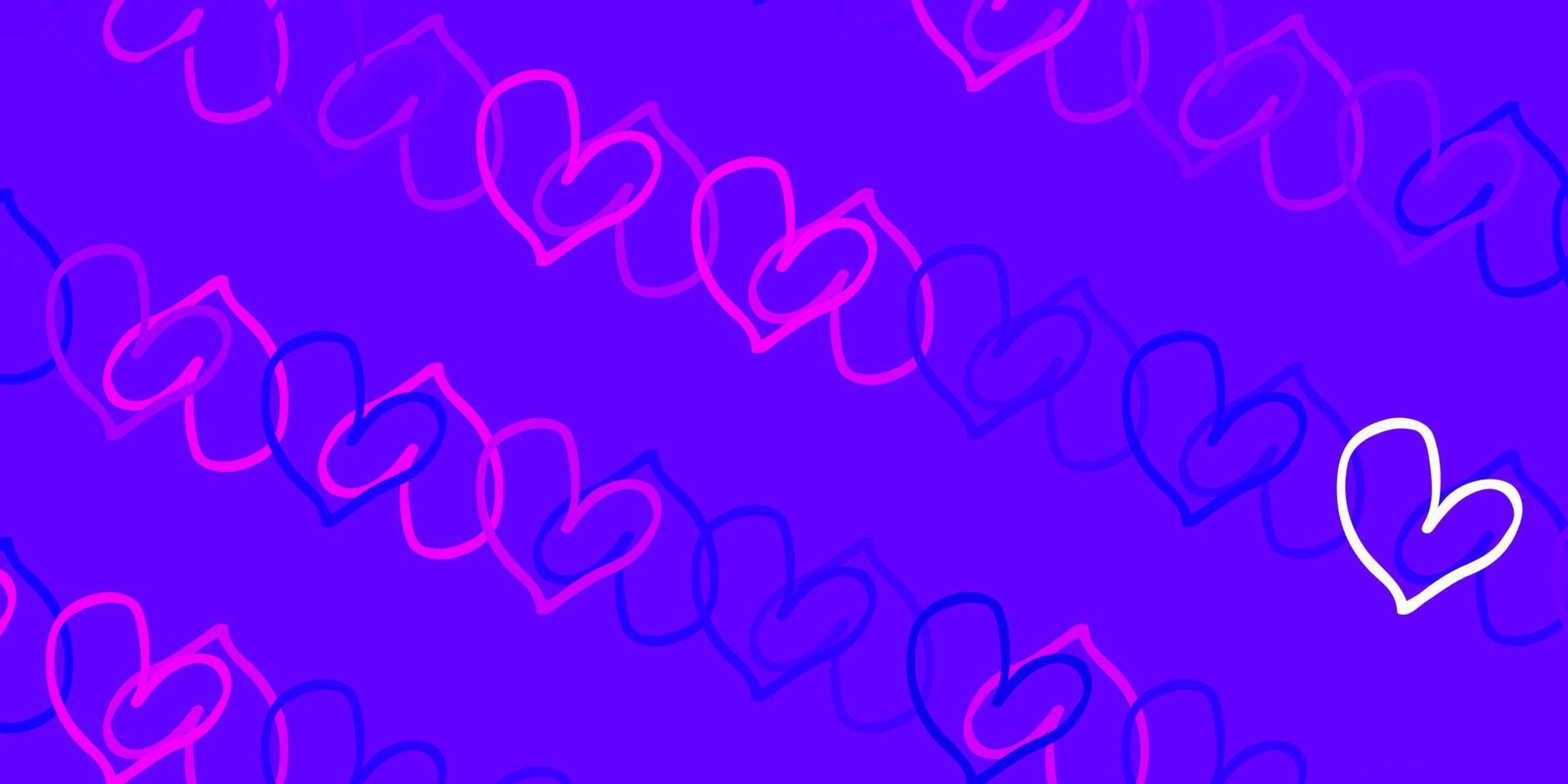 Fondo de vector violeta, rosa claro con corazones brillantes.