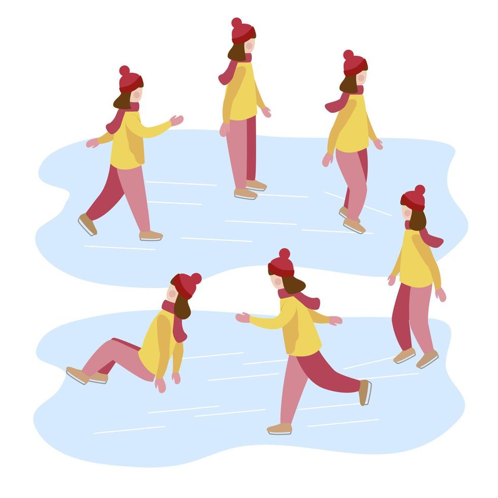 la niña aprende a patinar sobre hielo. actividades de invierno para niños. vector