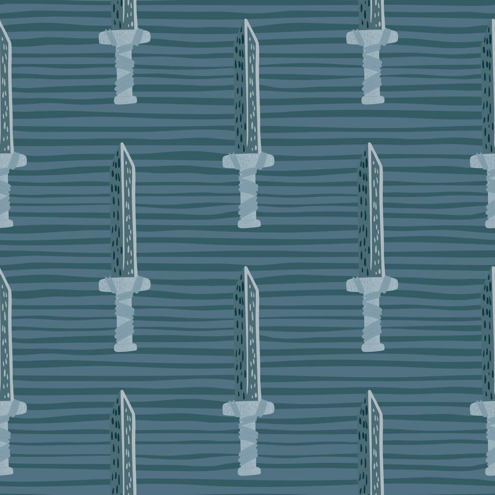 Battle seamless ancient pattern with sword doodle ornament. War backdrop with striped background in blue tones. vector