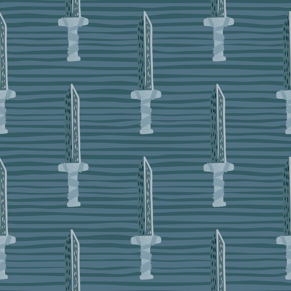 Battle seamless ancient pattern with sword doodle ornament. War backdrop with striped background in blue tones. vector