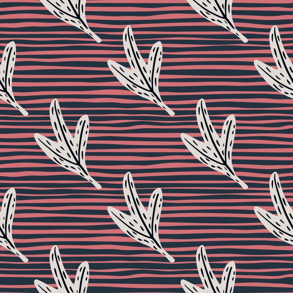 Floral leaf elements seamless doodle pattern. White dashes foliage shapes on pink striped background. vector