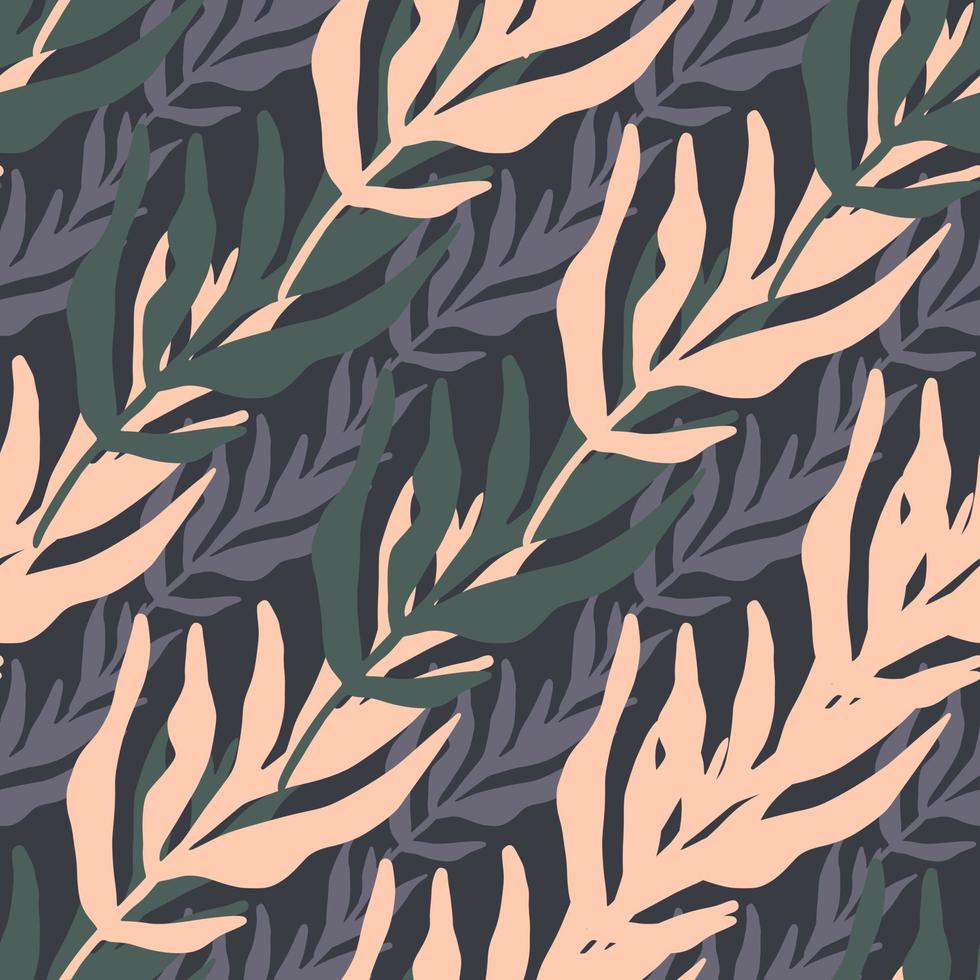 Jungle plants silhouette leaves seamless pattern on black background. Minimal style tropical leaf wallpaper. vector