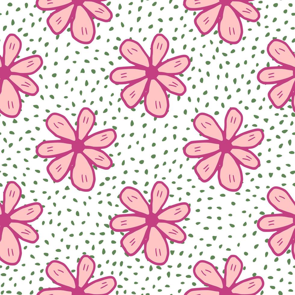 Big chamomiles flower seamless pattern on dots background. Cute daisies flowers endless wallpaper. Doodle style. vector