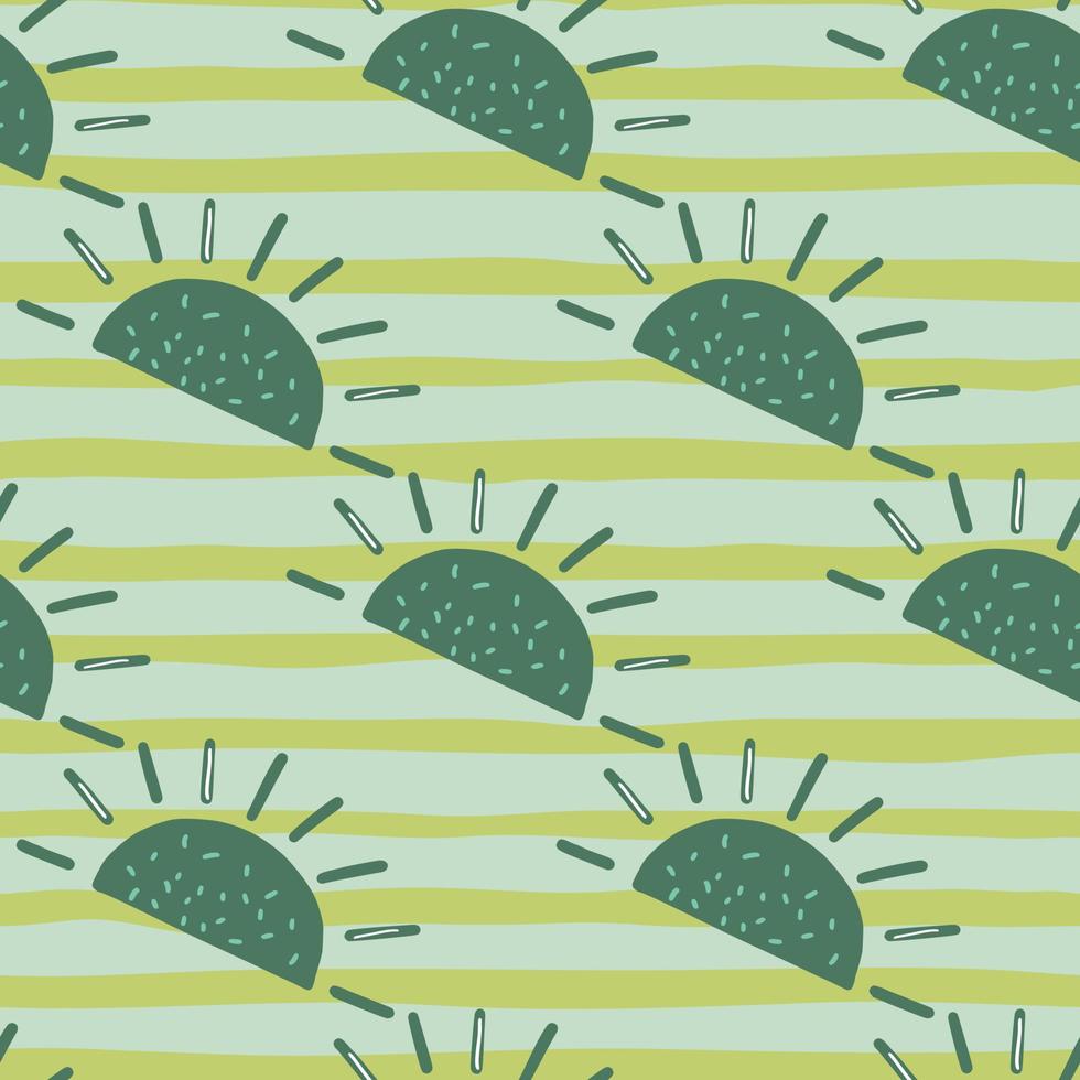 patrón sin costuras de alimentos orgánicos con impresión de lóbulos de frutas abstractas verdes. fondo de rayas de color amarillo pálido y azul. vector