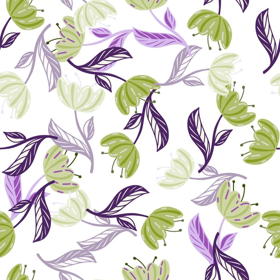 Decorative botanic seamless pattern with doodle green and purple poppy flowers print. Isolated floral backdrop. vector
