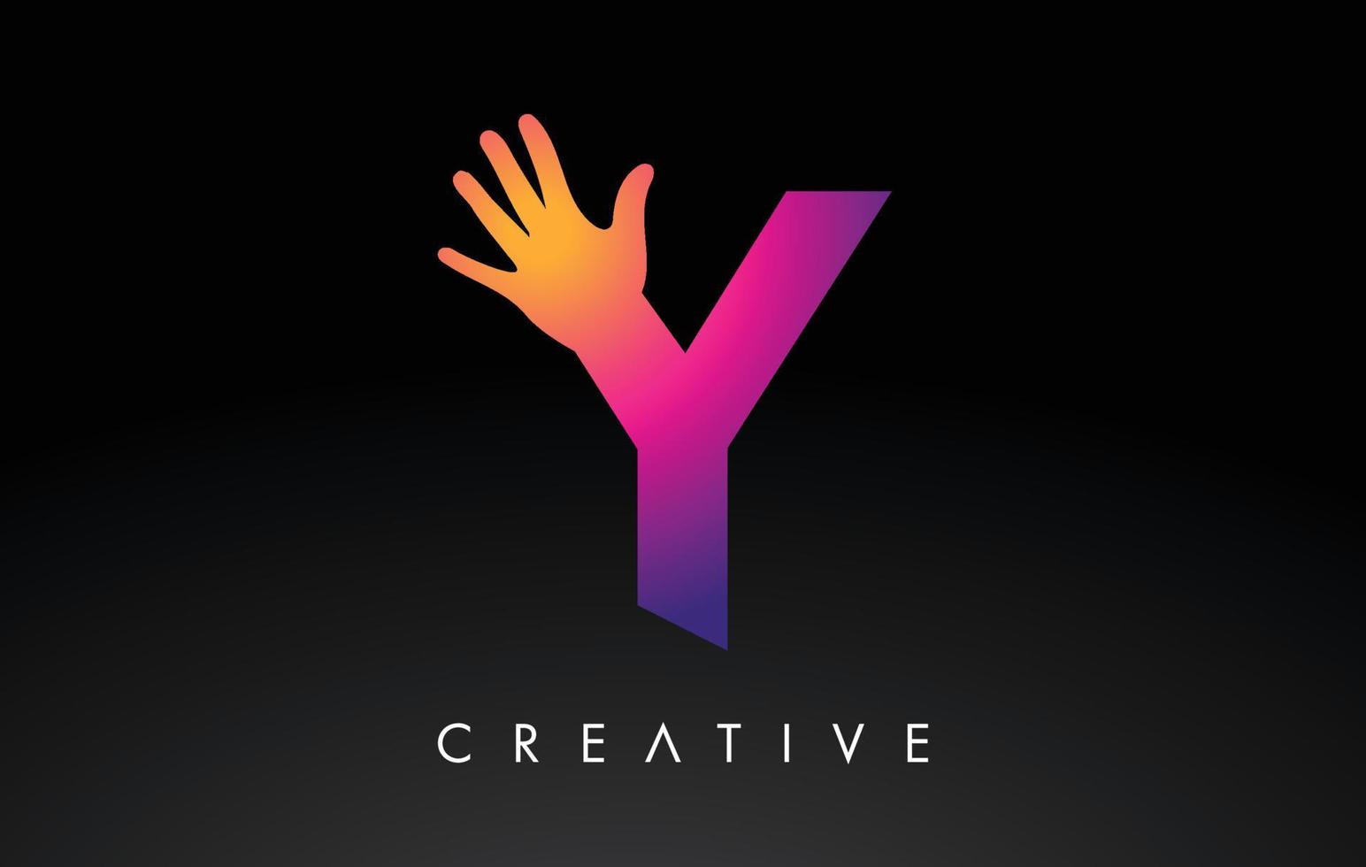 logotipo de letra y púrpura con ilustración de icono de vector de silueta de mano. letra del logotipo de la mano creativa