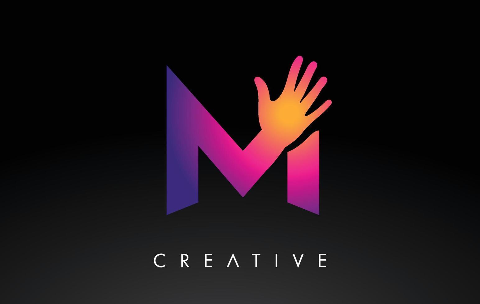 logotipo de letra m púrpura con ilustración de icono de vector de silueta de mano. letra del logotipo de la mano creativa