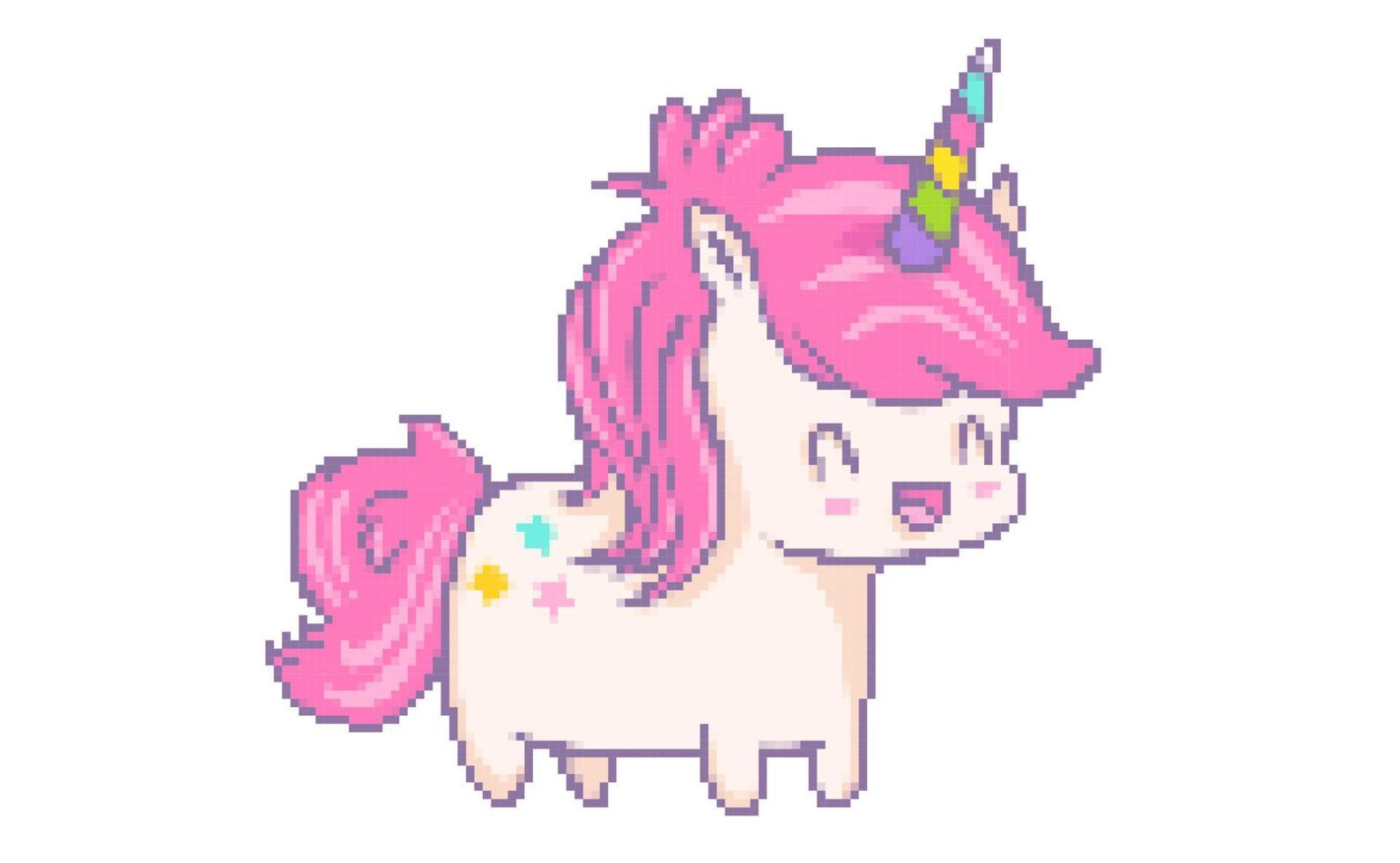 Vector illustration of a kawaii unicorn in pixel art style.