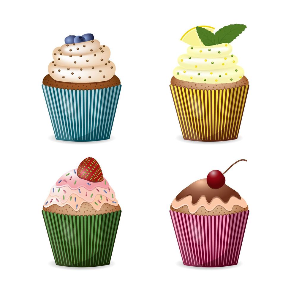 juego de cupcakes de bayas. muffins con fresas, arándanos, cerezas, limón y menta. vector