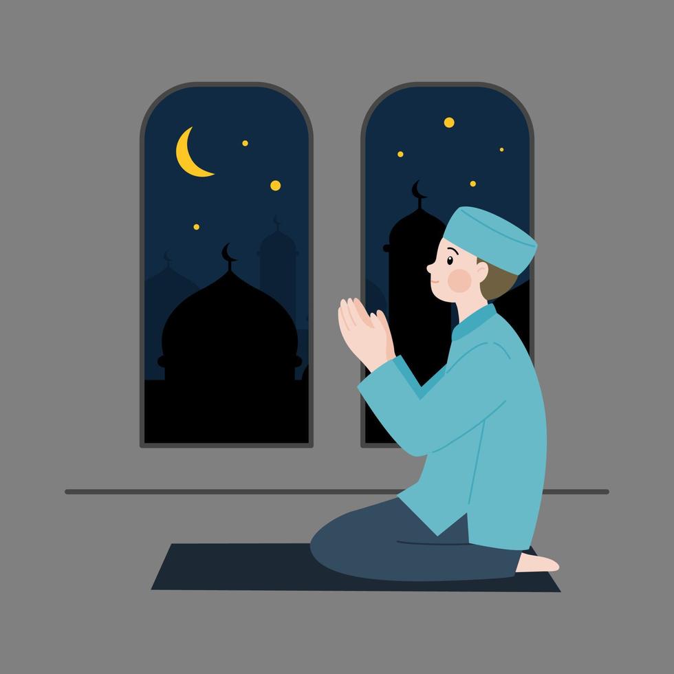 hombre musulmán rezando ilustración para el saludo de ramadán y eid mubarak vector