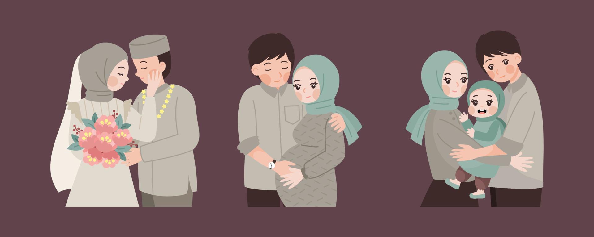 Happy muslim family journey vector flat concept illustration