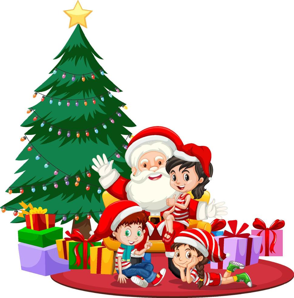 niños celebrando la navidad con santa claus vector