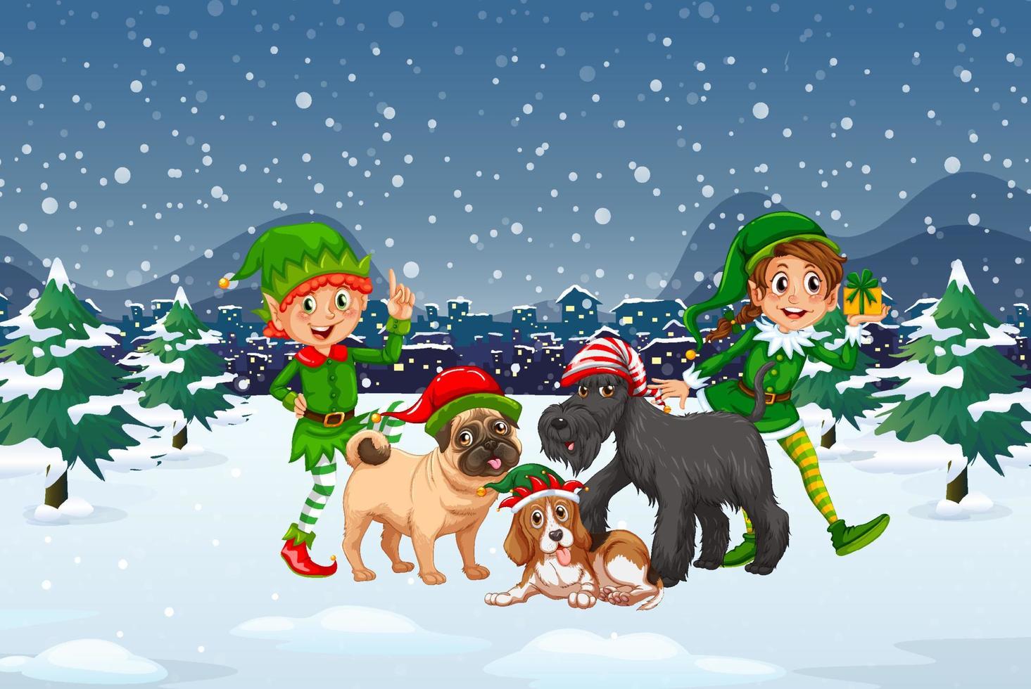 Snowy christmas night scene with elves and dogs vector