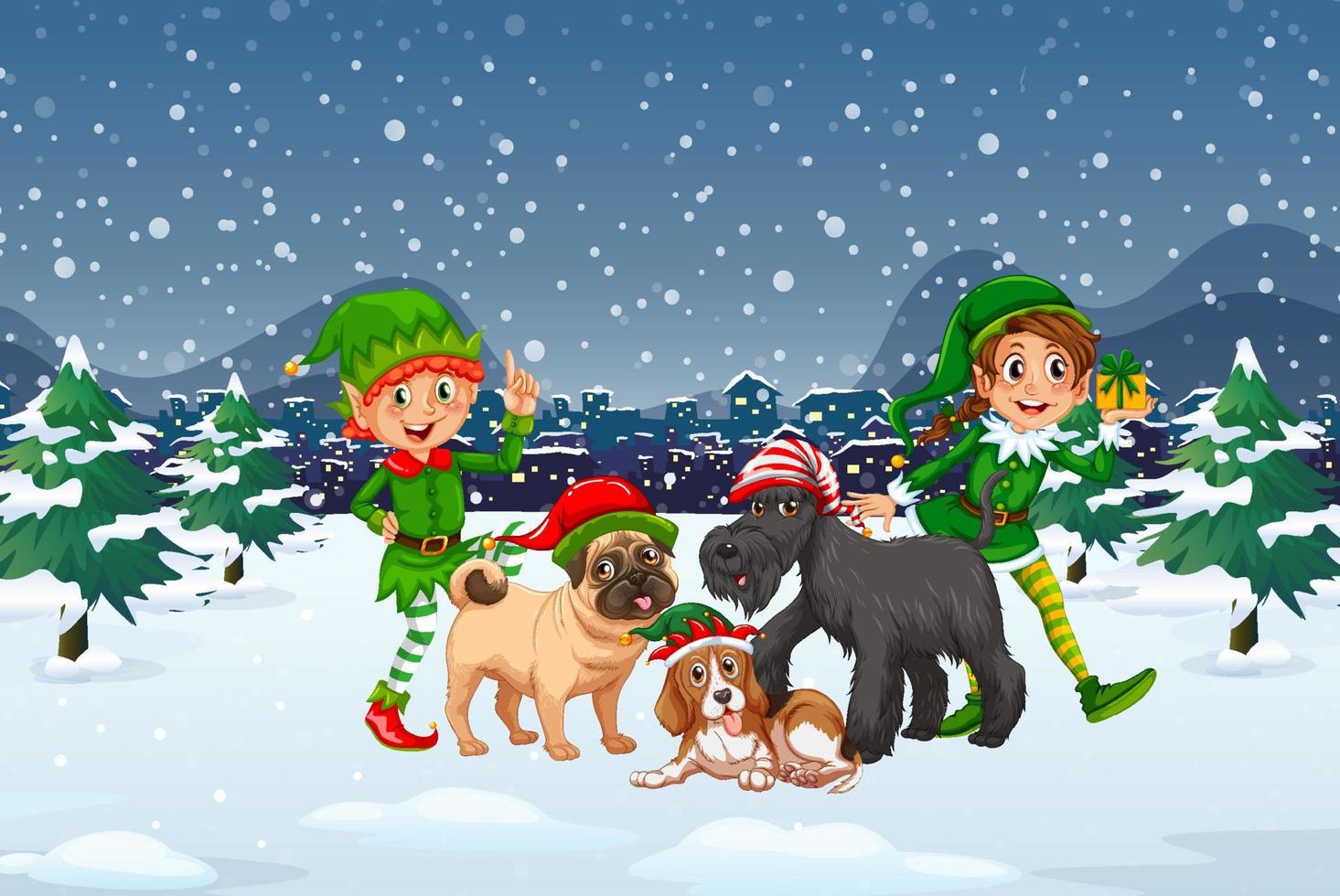 escena de la noche de navidad nevada con elfos y perros vector