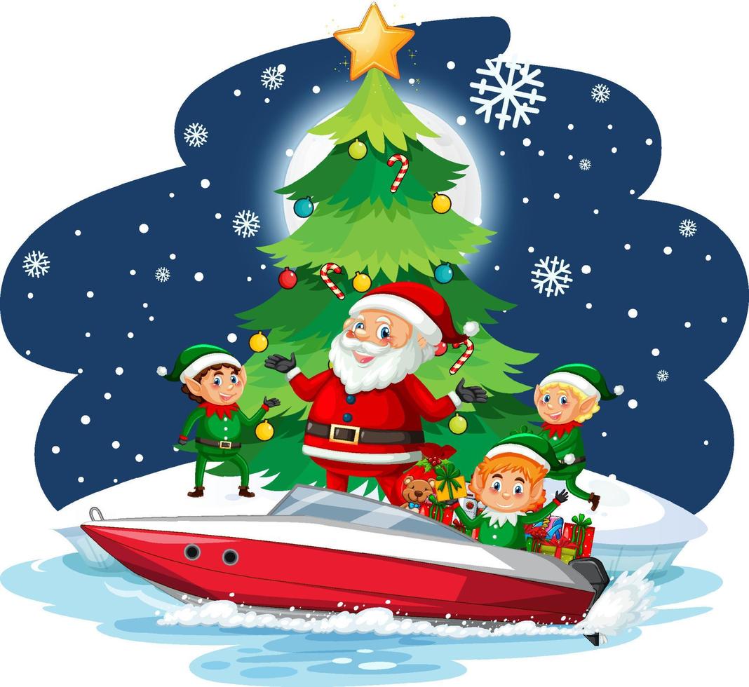 Santa Claus and elves on a speedboat at snowy night vector