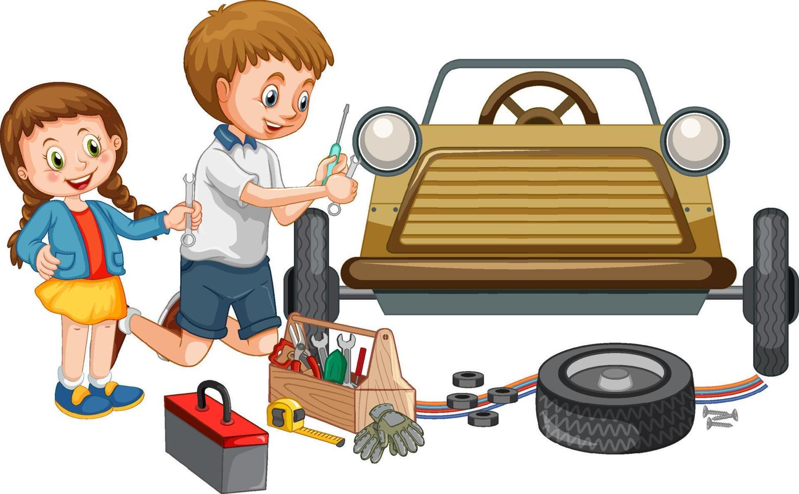 Children repairing a car together vector