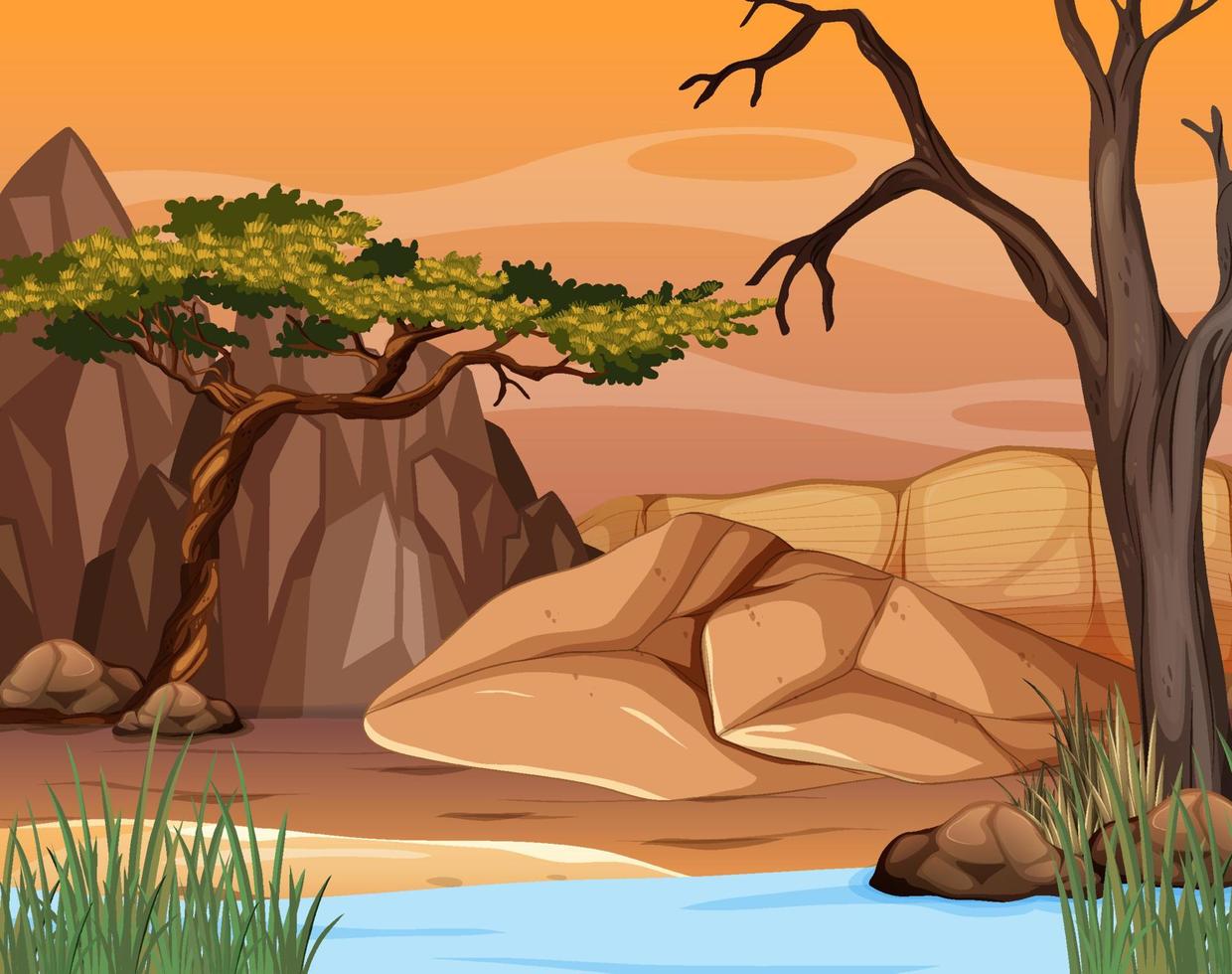 Savanna forest landscape at sunset time vector