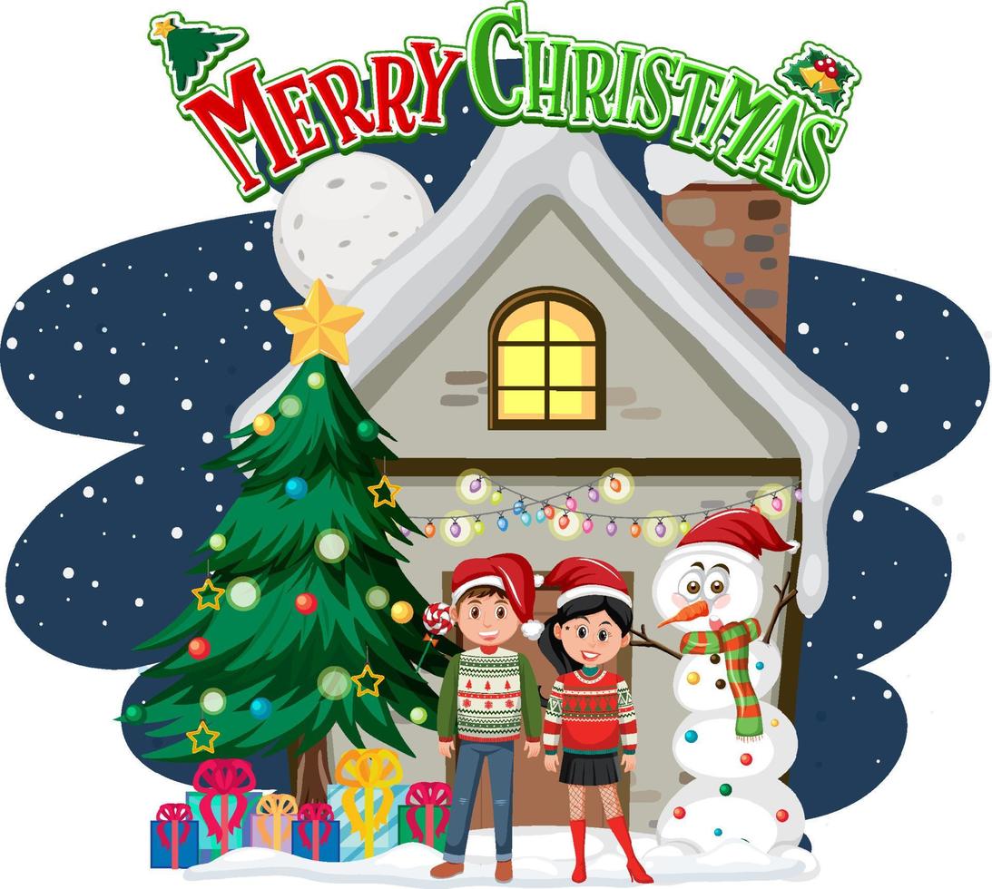 Merry Christmas with a couple standing in front of winter house vector