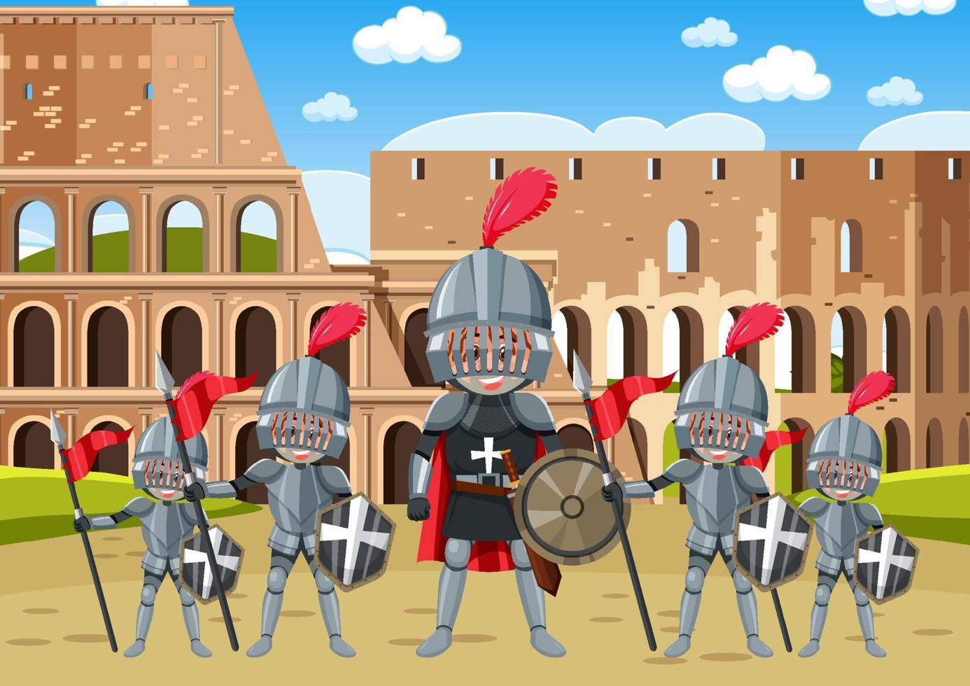 escena medieval con personajes de dibujos animados de caballeros de armadura vector