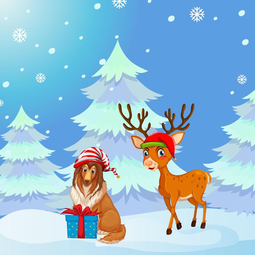 Christmas poster design with a dog and reindeer on snowy background vector