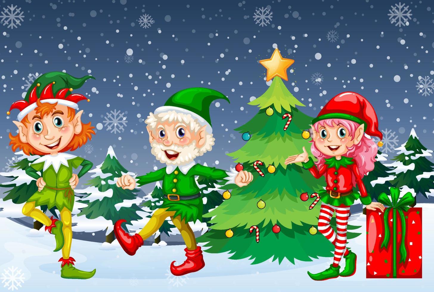 Snowy night scene with Christmas cartoon characters vector