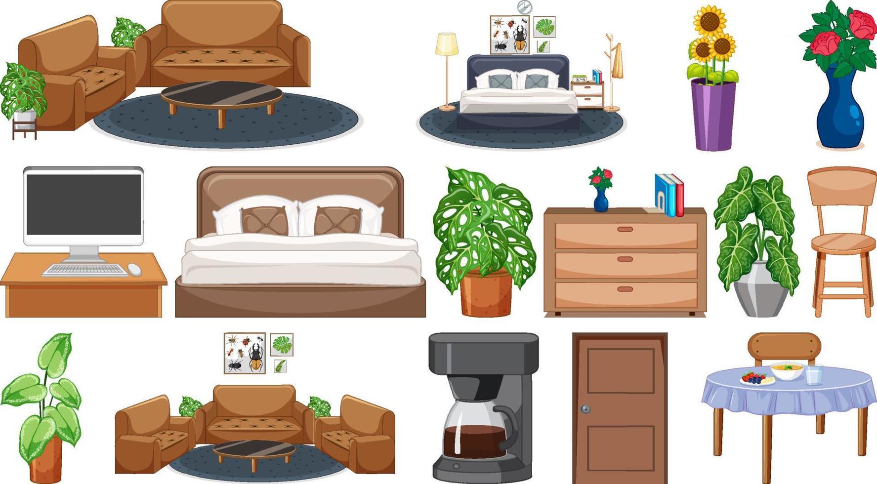 Set of interior furniture and decorations vector