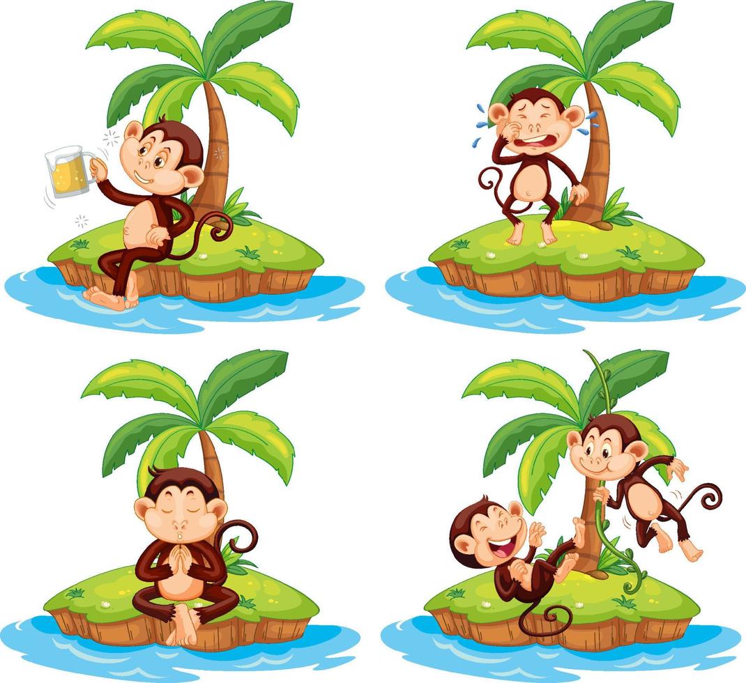 conjunto de diferentes islas aisladas con personajes de dibujos animados de monos vector