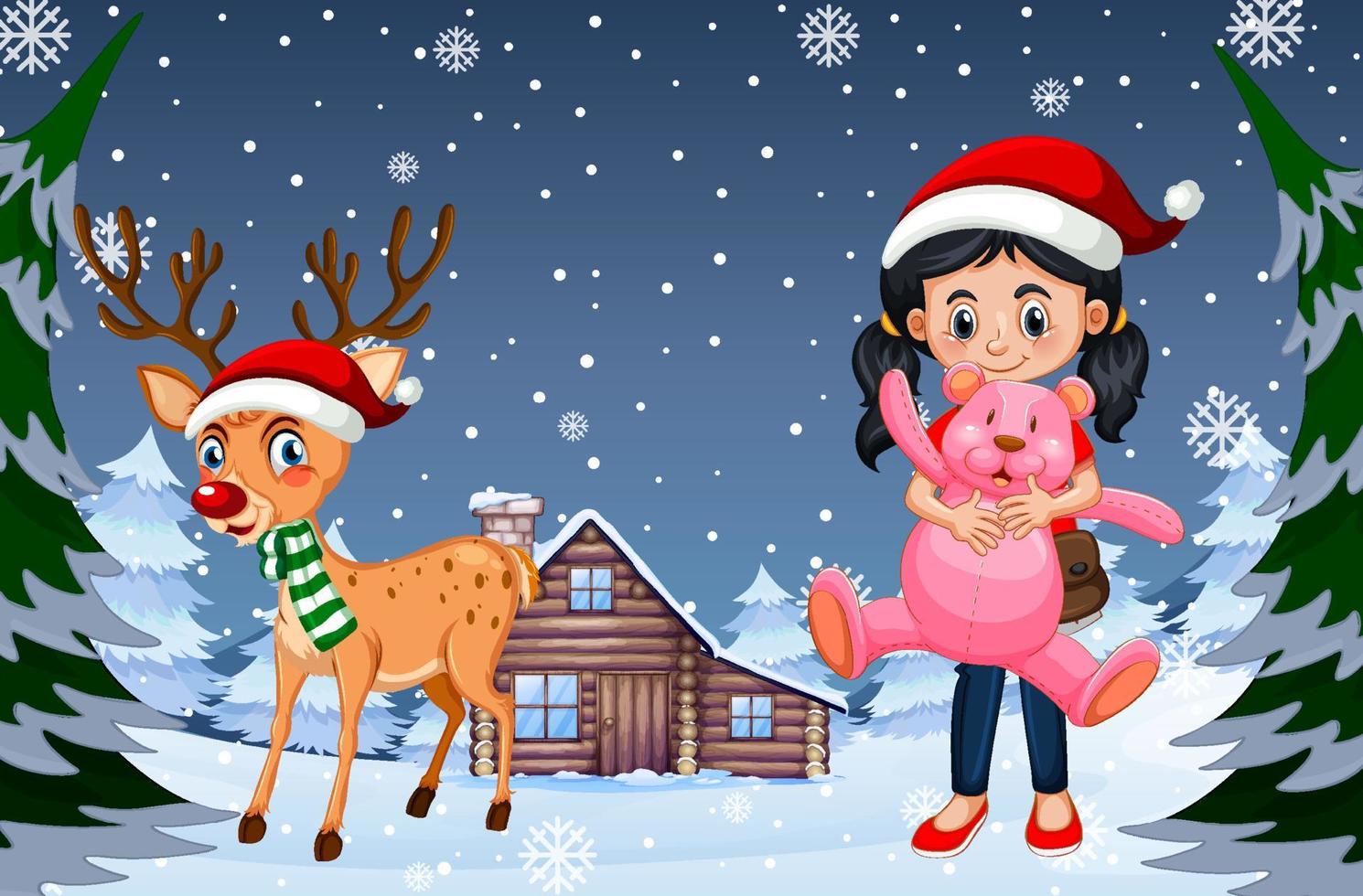Snowy night scene with Christmas cartoon characters vector