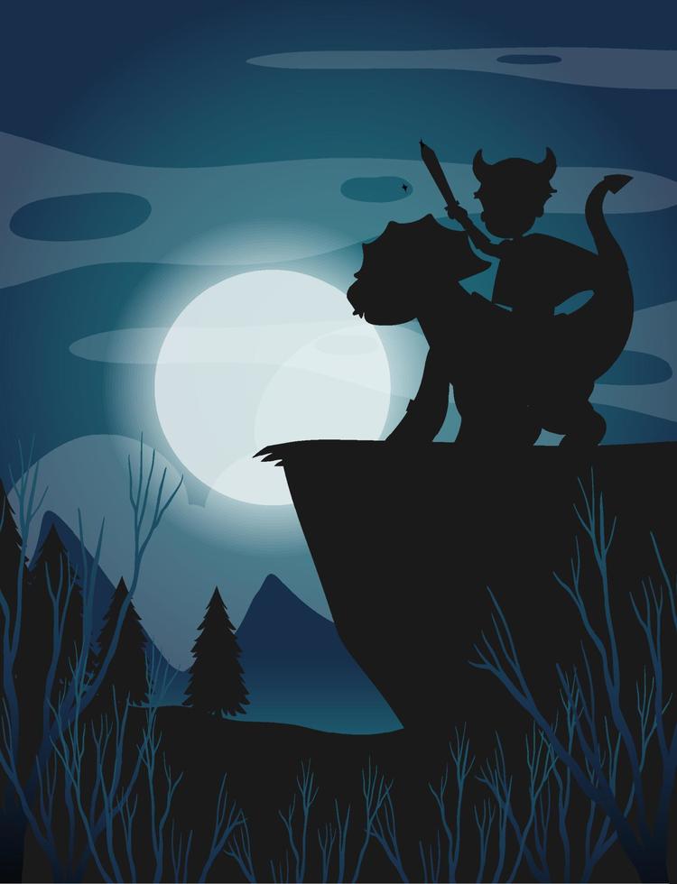 Silhouette dragon and knight with full moon background vector