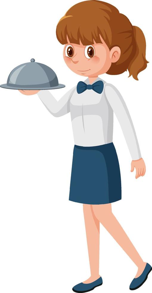 A young waitress serving food white background vector