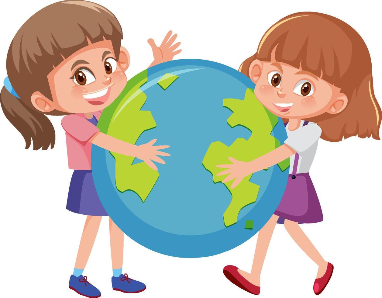 Two girls hugging earth globe togetherin cartoon style vector