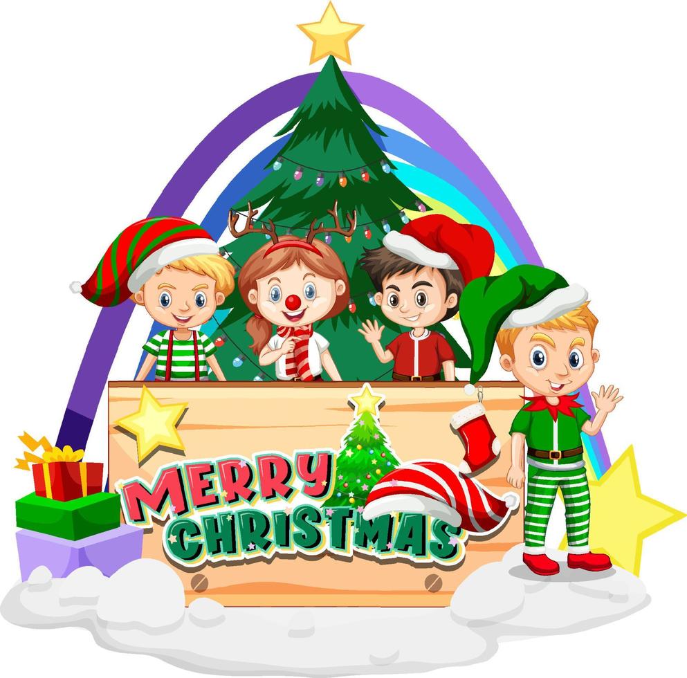 Merry Christmas banner with children in christmas costumes vector