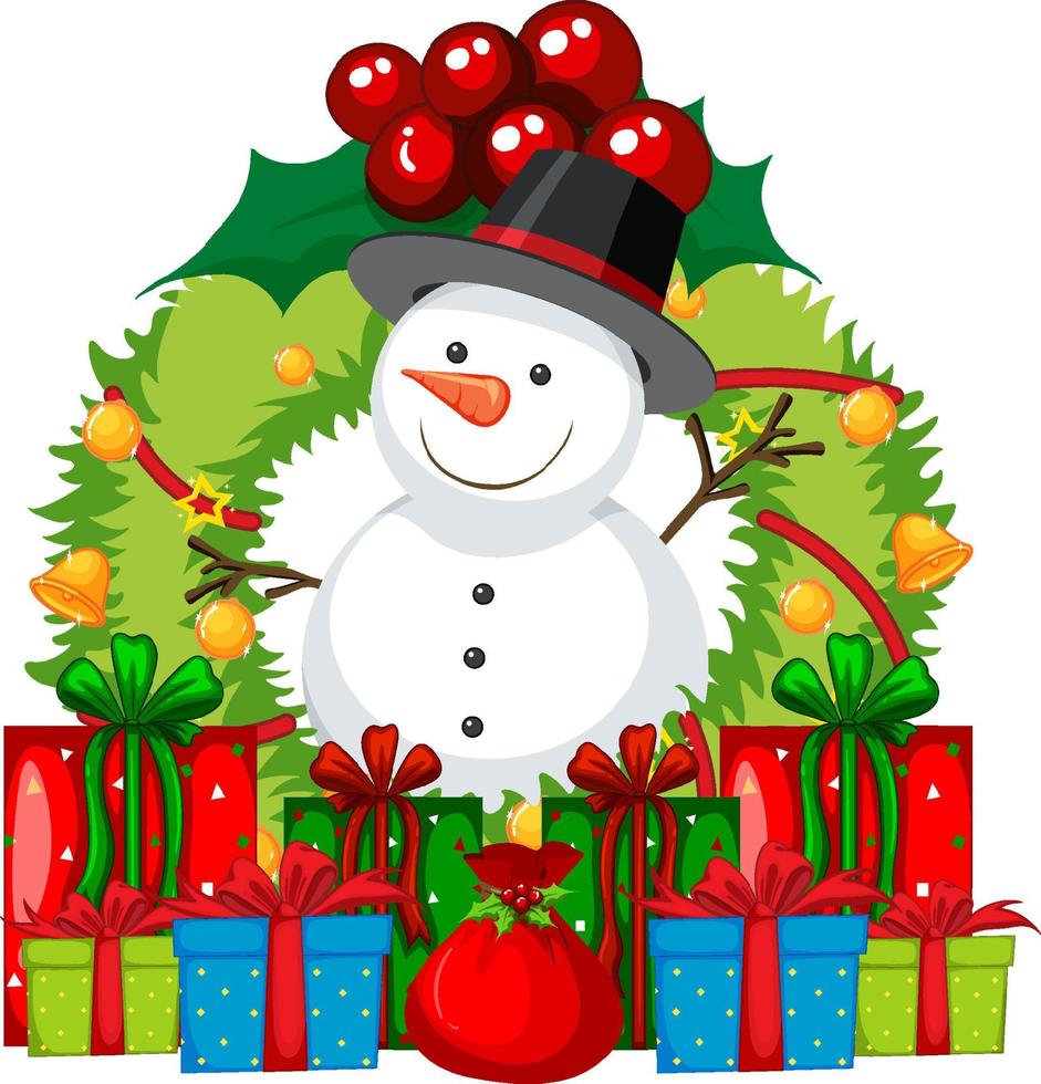 un muñeco de nieve en una corona navideña con muchas cajas de regalo vector