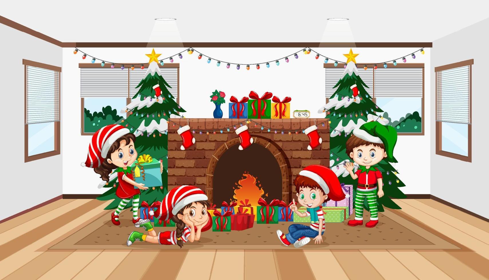 escena de la habitación con niños celebrando la navidad vector