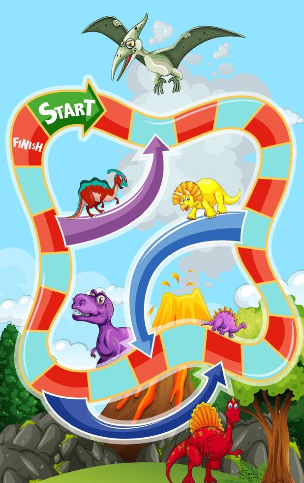 Snake and ladders game template in dinosaur theme vector