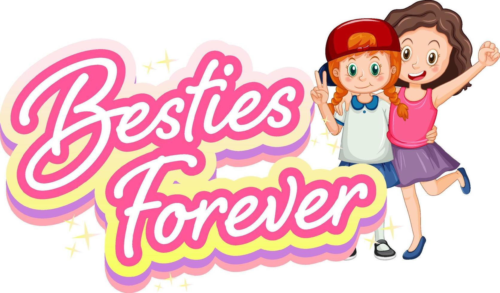 Bestie forever logo with two girls hugging in cartoon style vector