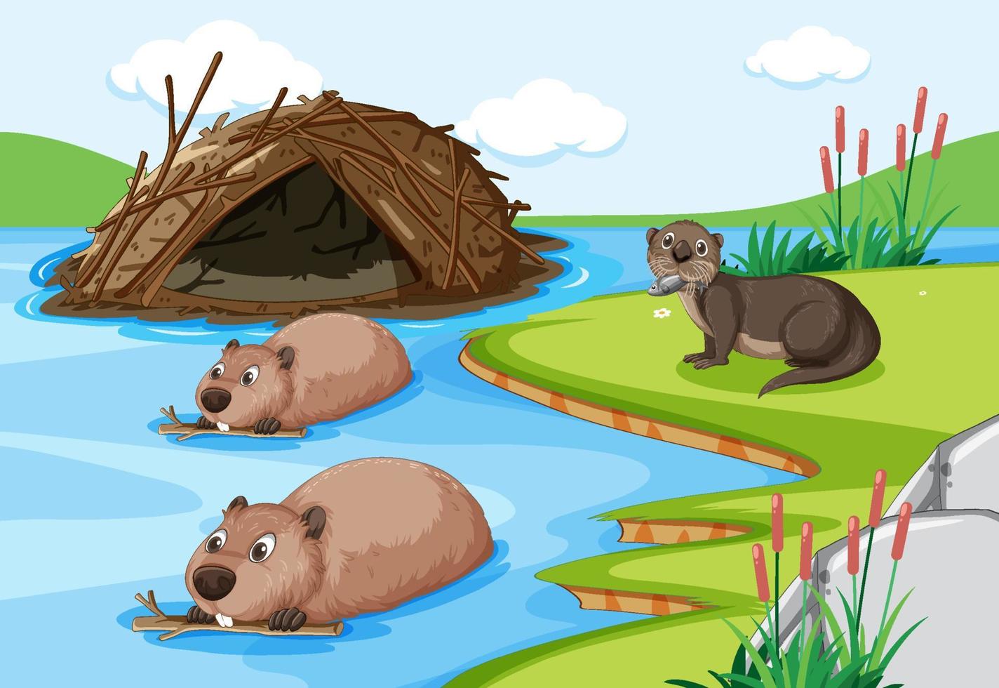 Otters and beavers living together in the forest vector