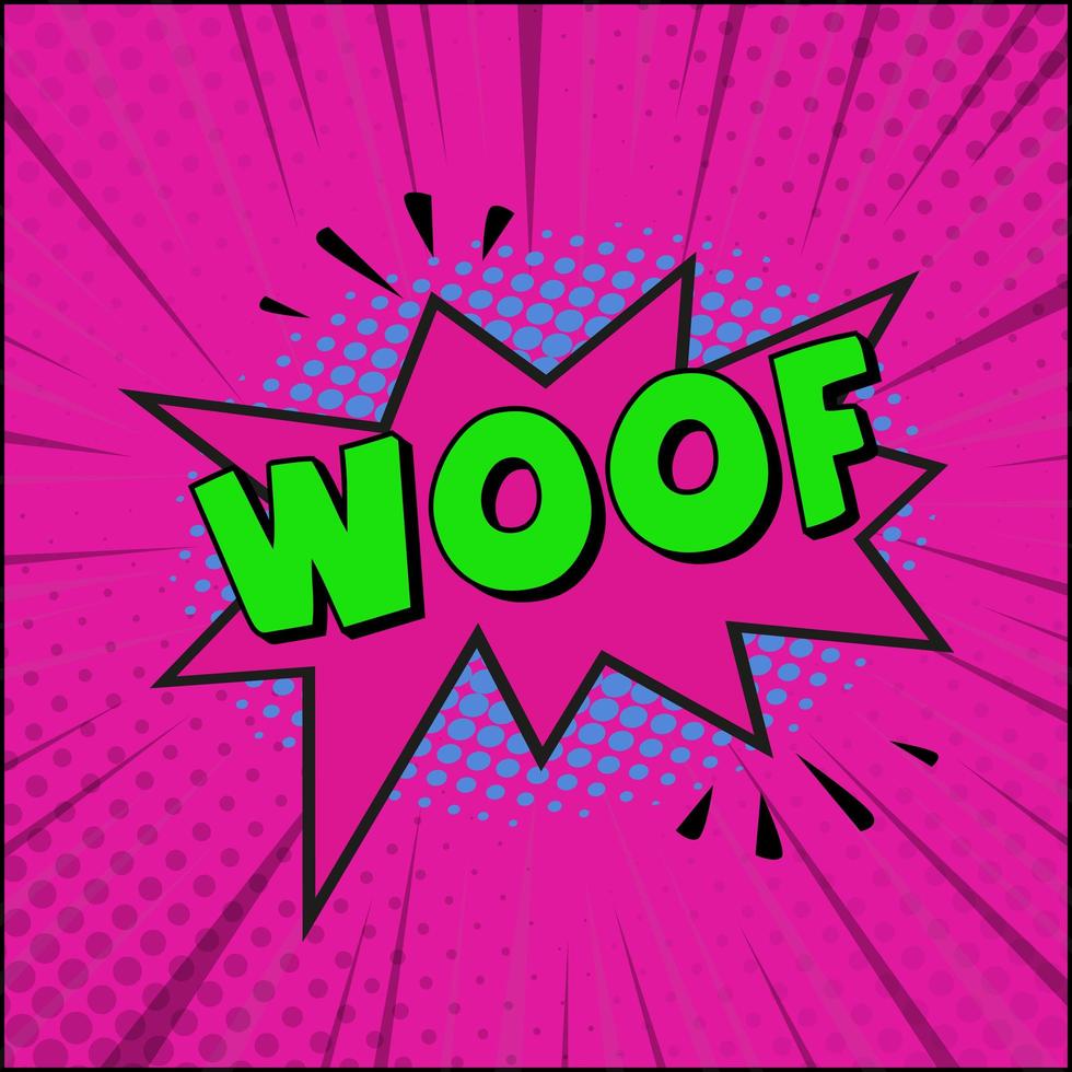 Comic zoom inscription WOOF on a colored background - Vector