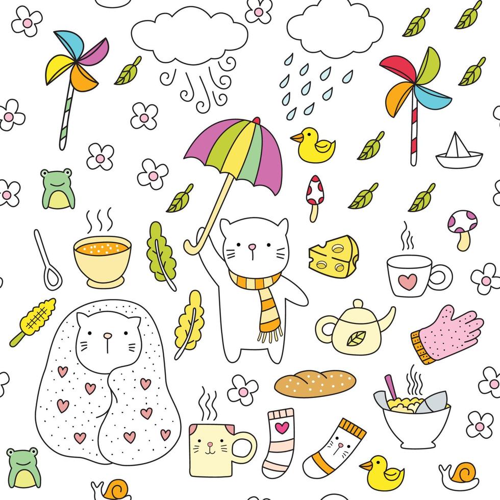 Cute cat with various objects seamless doodle vector