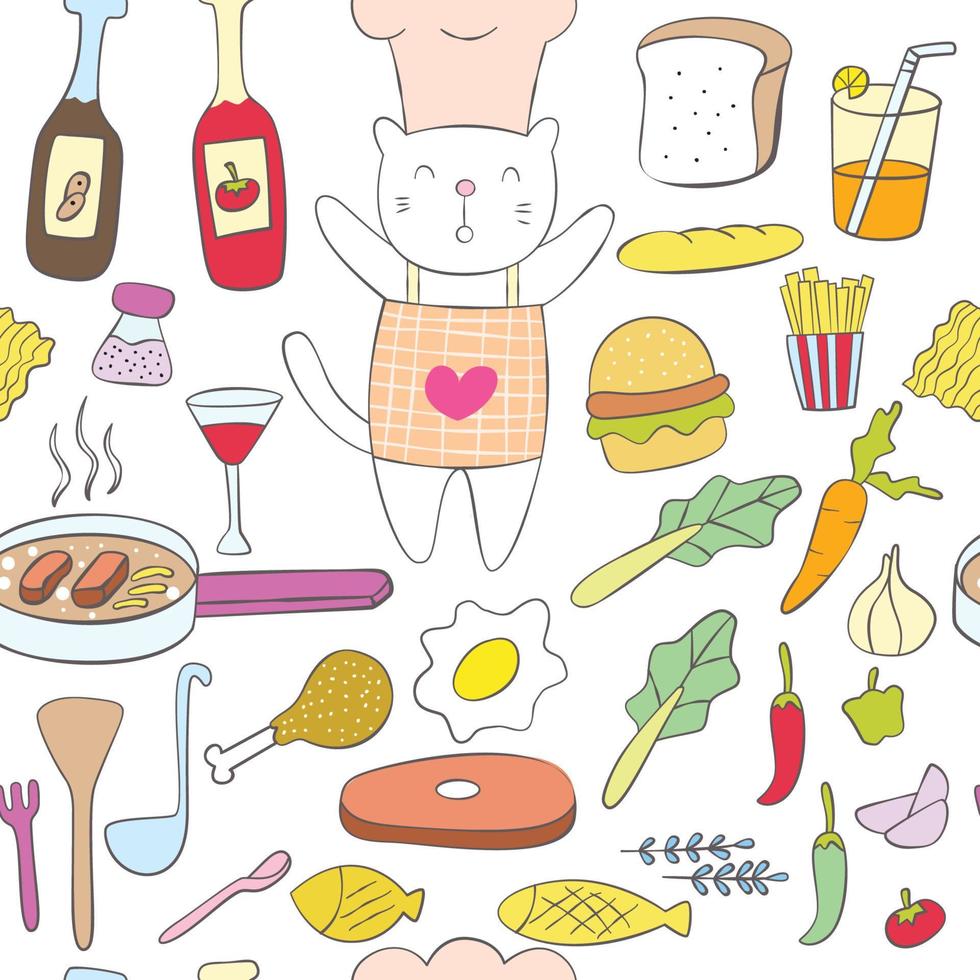 Cute cat chef with food seamless pattern vector