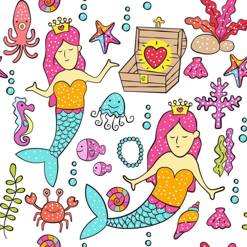 Cute mermaid hand drawn pattern vector