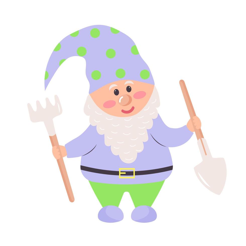 Garden gnome with a rake and a shovel. Cartoon cute character. Spring and gardening concept. vector