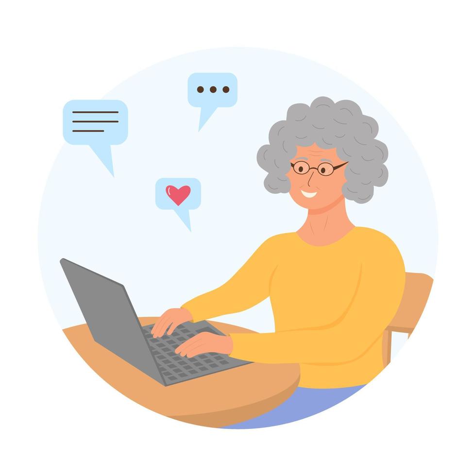 abuela feliz con una computadora portátil sentada en la mesa. las personas mayores usan tecnología, computadoras. vector