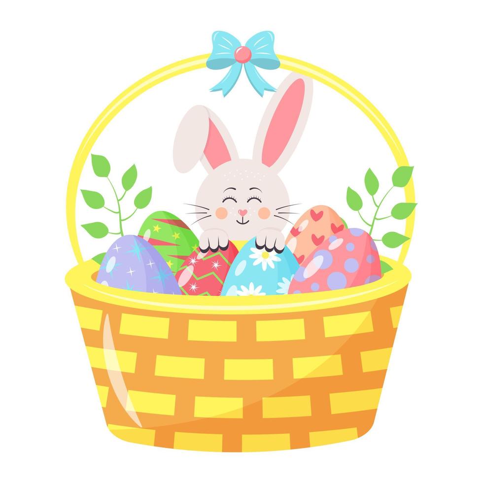 Basket with colored eggs and twigs. Easter Bunny peeking out from behind a basket. Beautiful bow at the top. vector