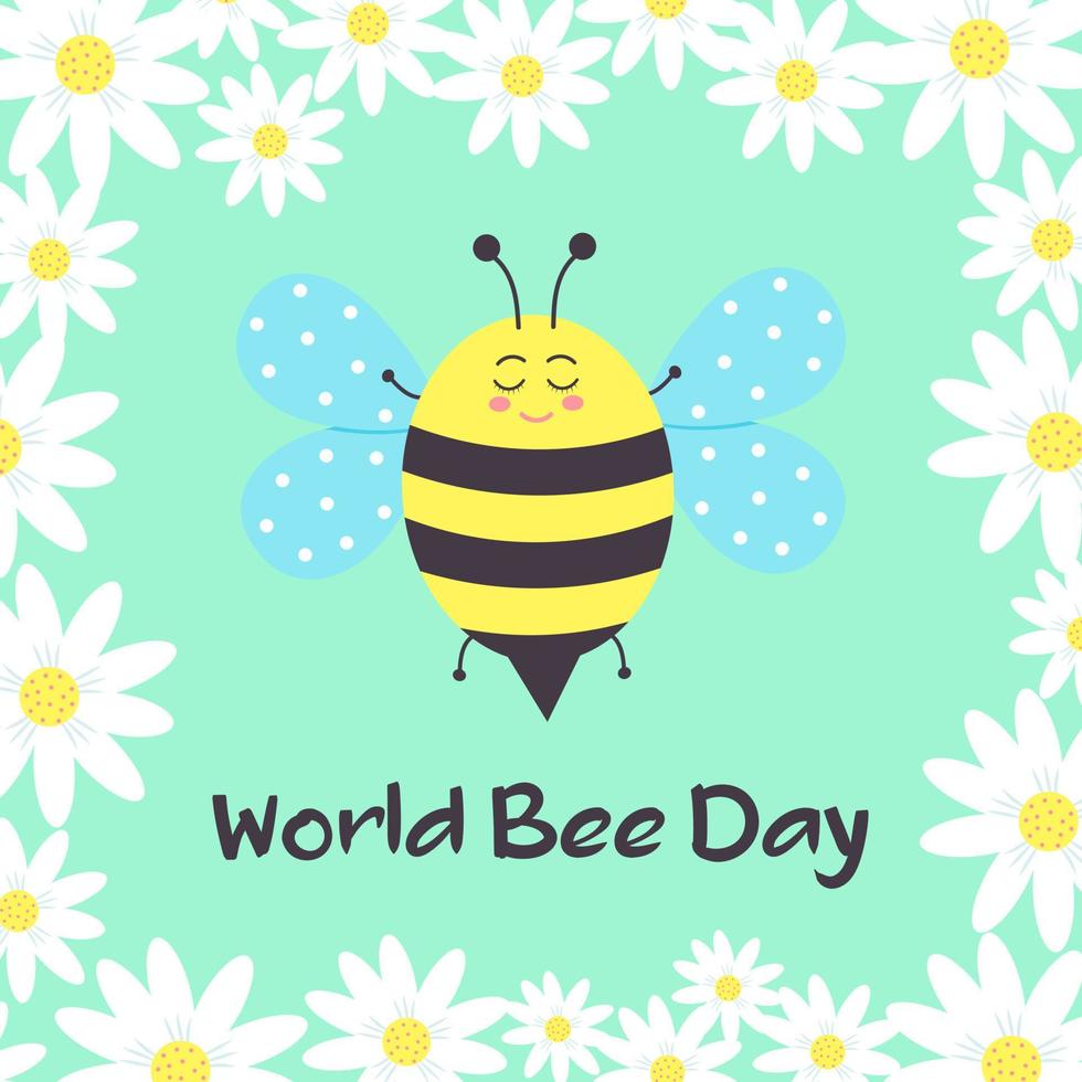 Cute smiling bee and chamomile frame. Postcard for World Bee Day. vector