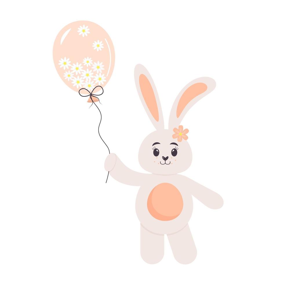 lindo conejito sosteniendo un globo lleno de chamomiles. carácter infantil. Conejo de Pascua. vector