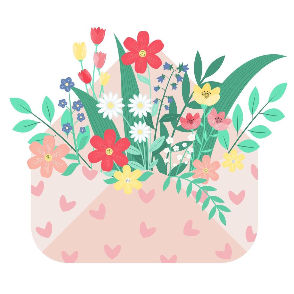 Flowers in an envelope. Floral mail. Cute card for the spring holiday. vector