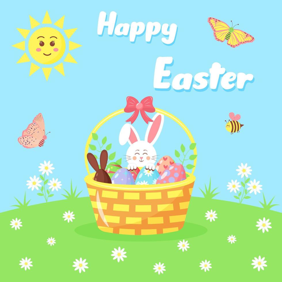 Basket with colored eggs and twigs on the daisies meadow. Easter Bunny peeking out from behind a basket. Cartoon bee and butterflies flying around and sun is shining. Happy Easter greeting card. vector